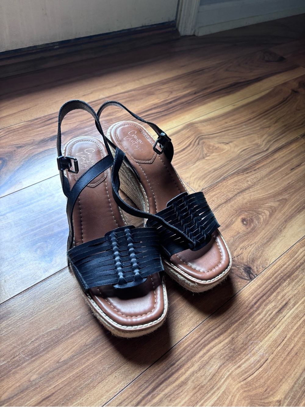 Crown Vintage Black Woven Espadrille Wedge Sandals